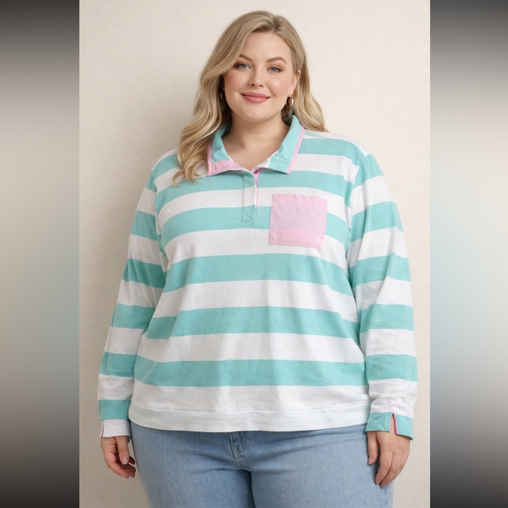 Crown & Ivy Rugby Sweatshirt Womens 3X Mint Ivory Pink NWT